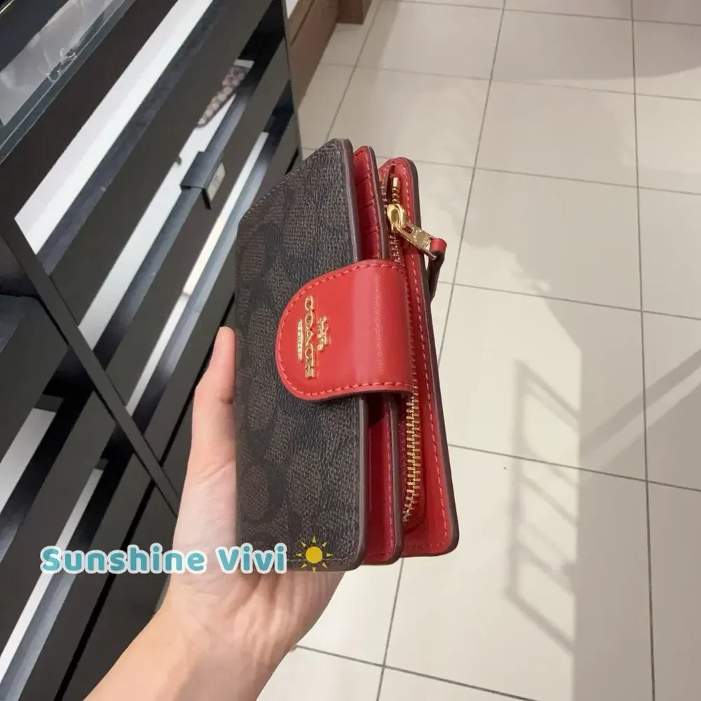 NWT Coach Medium Corner Zip Wallet in Signature Canvas CW786 Walnut/True Red